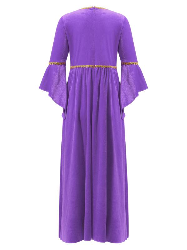 Kids Girls Square Neck Flared Sleeve Empire Waist Medieval Vintage Maxi Dress thumb