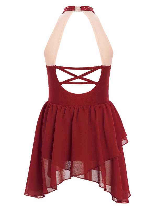 Kids Girls Sleeveless Halter Neck Backless Rhinestone Mesh Lyrical Dance Dress thumb