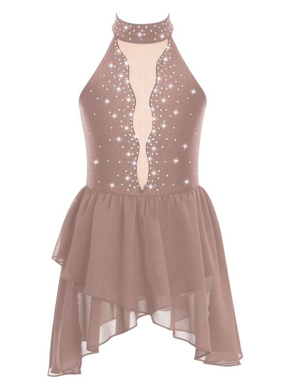 Kids Girls Sleeveless Halter Neck Backless Rhinestone Mesh Lyrical Dance Dress thumb