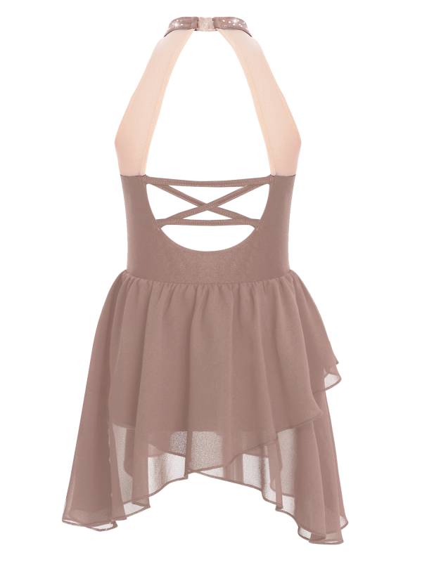 Kids Girls Sleeveless Halter Neck Backless Rhinestone Mesh Lyrical Dance Dress thumb