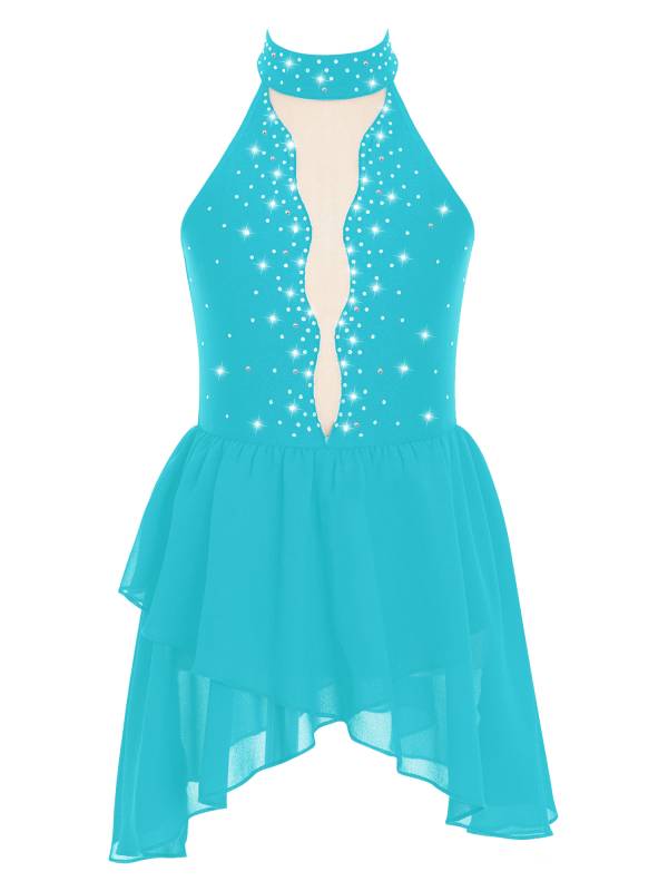 Kids Girls Sleeveless Halter Neck Backless Rhinestone Mesh Lyrical Dance Dress thumb