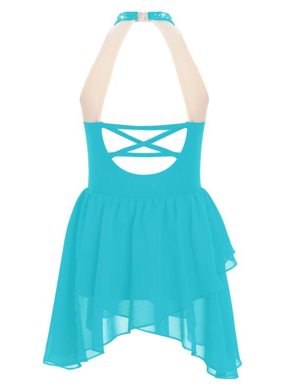 Kids Girls Sleeveless Halter Neck Backless Rhinestone Mesh Lyrical Dance Dress thumb