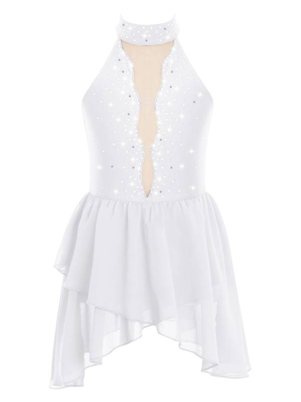 Kids Girls Sleeveless Halter Neck Backless Rhinestone Mesh Lyrical Dance Dress thumb