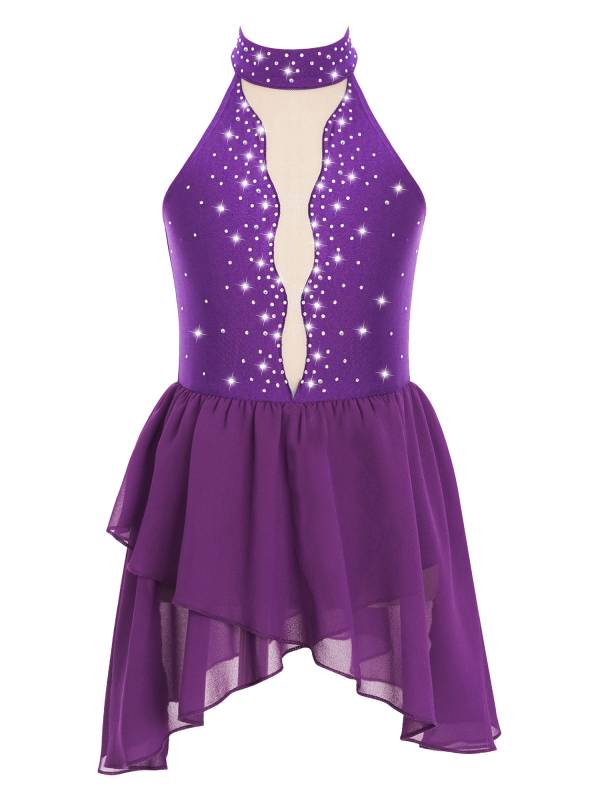 Kids Girls Sleeveless Halter Neck Backless Rhinestone Mesh Lyrical Dance Dress thumb