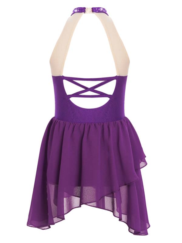 Kids Girls Sleeveless Halter Neck Backless Rhinestone Mesh Lyrical Dance Dress thumb