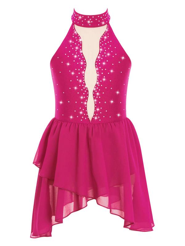 Kids Girls Sleeveless Halter Neck Backless Rhinestone Mesh Lyrical Dance Dress thumb