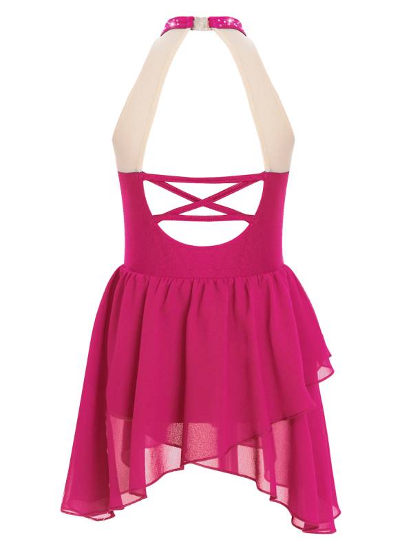 Kids Girls Sleeveless Halter Neck Backless Rhinestone Mesh Lyrical Dance Dress thumb