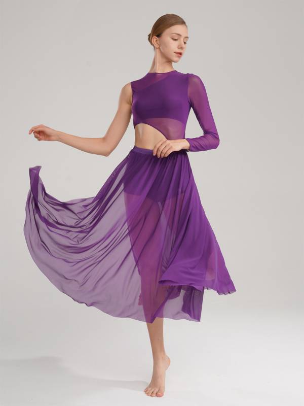 Women One Shoulder Side Slit Modern Lyrical Dance Leotard Dresses thumb