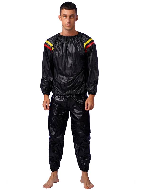 Men 2pcs PVC Long Sleeve Top with Pants Fitness Gym Workout Set thumb
