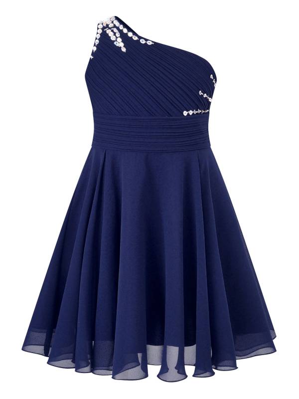 Kids Girls Glitter Beaded Dress One Shoulder A-Line Flower Girl Dress thumb