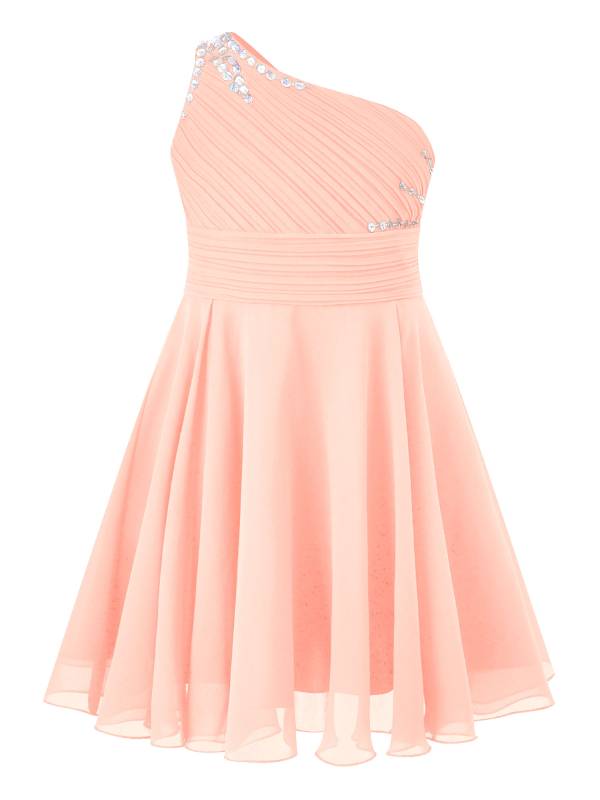 Kids Girls Glitter Beaded Dress One Shoulder A-Line Flower Girl Dress thumb