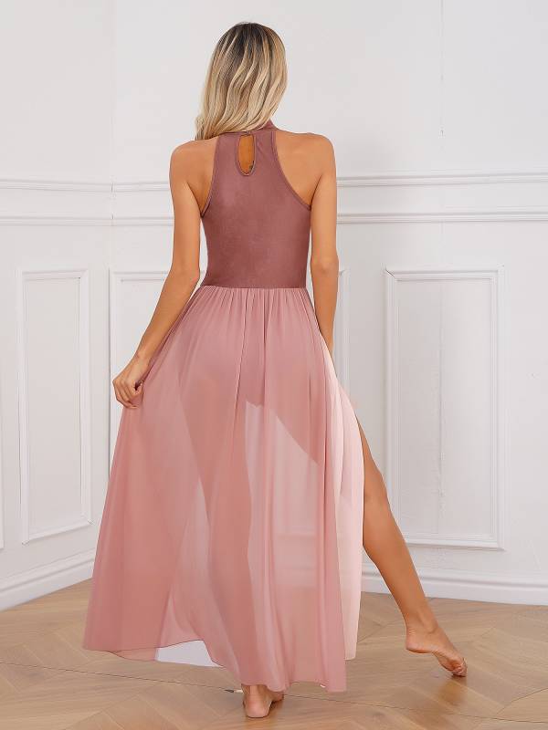 Women Color Block Sleeveless Side Slit Lyrical Dance Midi Dresses thumb