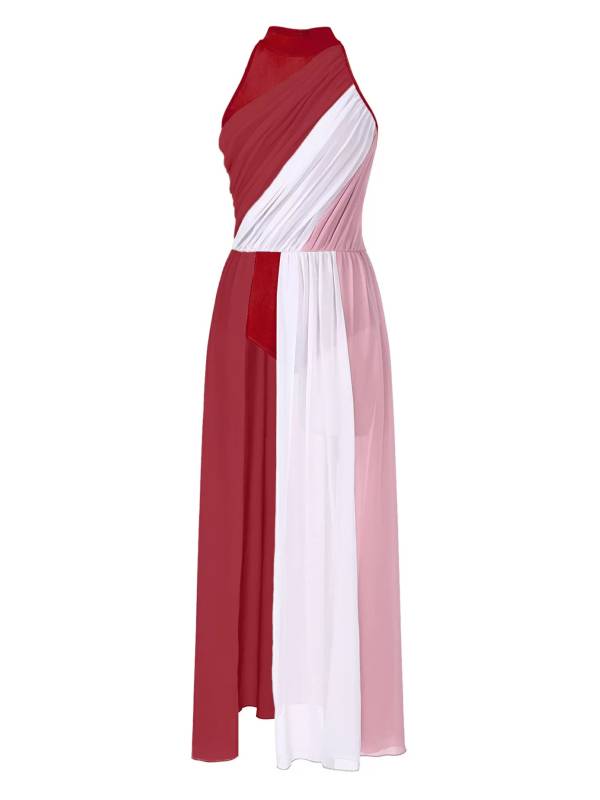 Women Color Block Sleeveless Side Slit Lyrical Dance Midi Dresses thumb