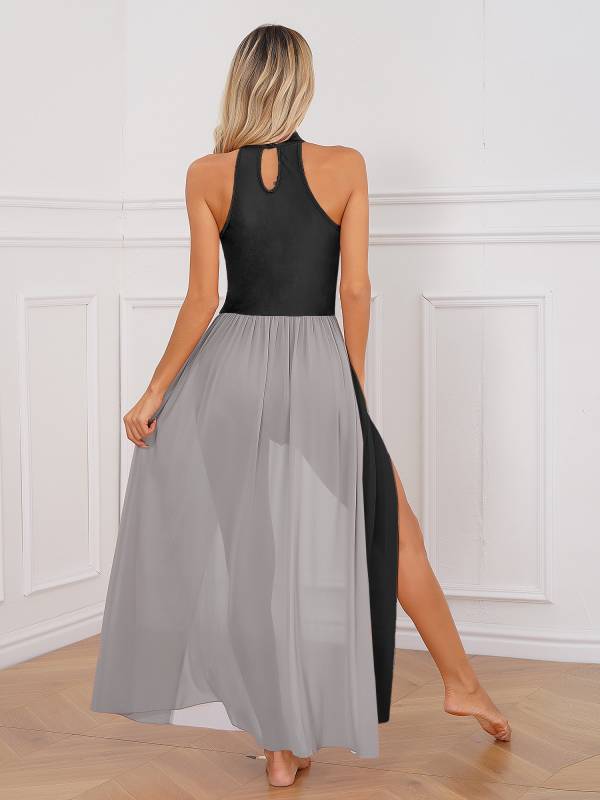 Women Color Block Sleeveless Side Slit Lyrical Dance Midi Dresses thumb