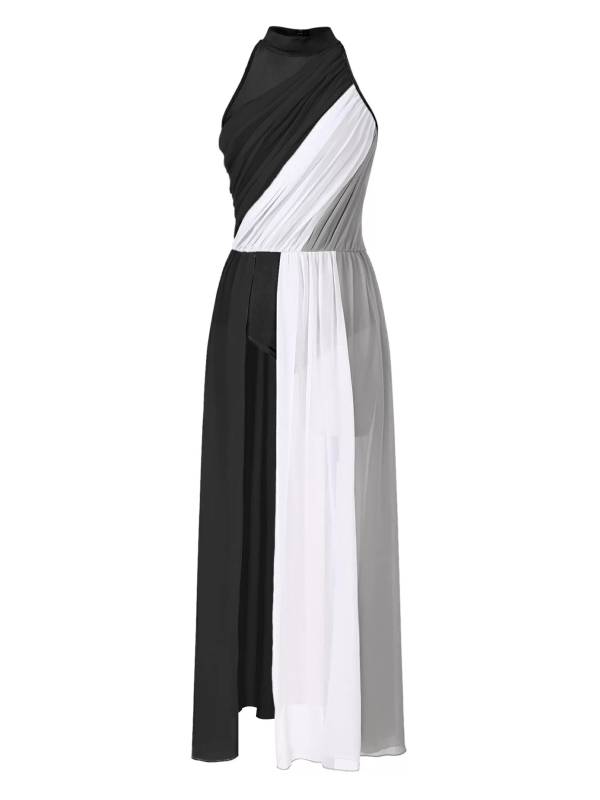 Women Color Block Sleeveless Side Slit Lyrical Dance Midi Dresses thumb