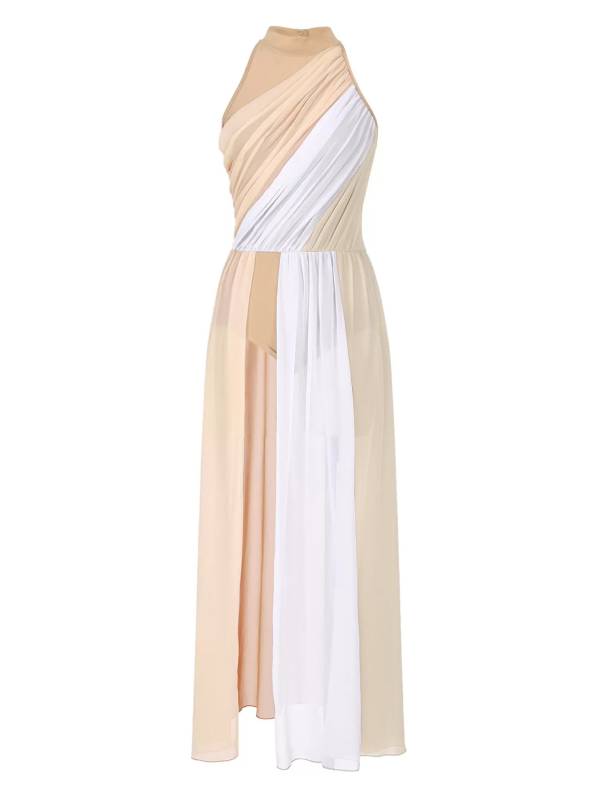 Women Color Block Sleeveless Side Slit Lyrical Dance Midi Dresses thumb