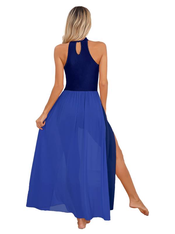 Women Color Block Sleeveless Side Slit Lyrical Dance Midi Dresses thumb