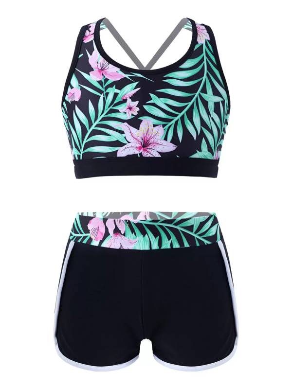 Kids Girls Two Pieces U Neck Crop Top with Boyshorts Swimming Set thumb