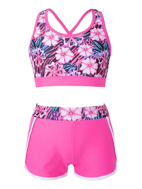 Kids Girls Two Pieces U Neck Crop Top with Boyshorts Swimming Set thumb