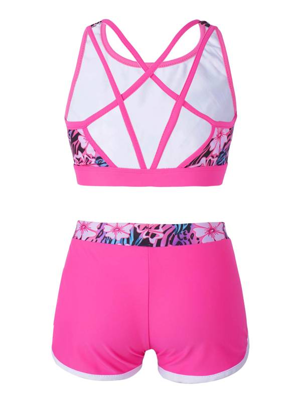 Kids Girls Two Pieces U Neck Crop Top with Boyshorts Swimming Set thumb