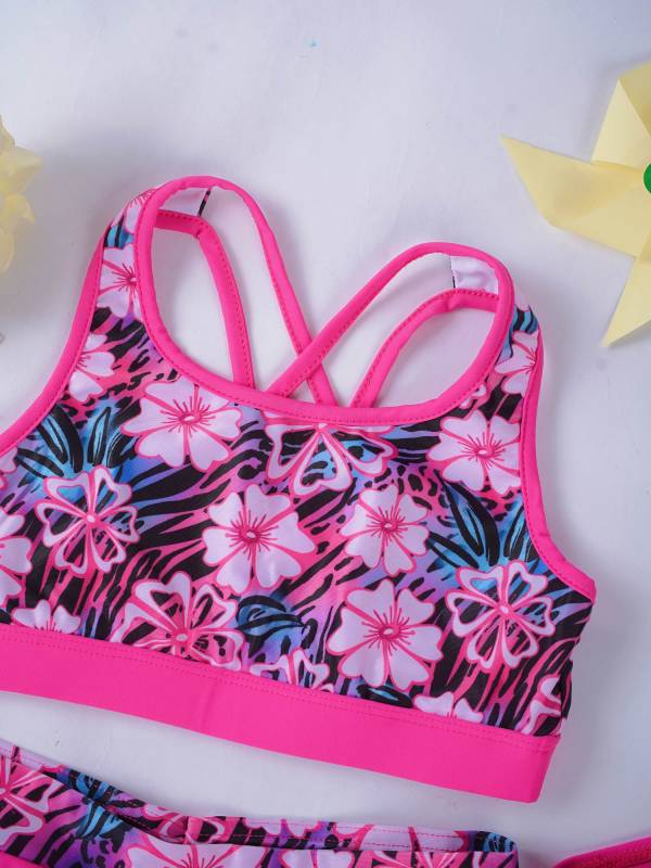 Kids Girls Two Pieces U Neck Crop Top with Boyshorts Swimming Set thumb