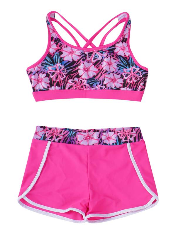Kids Girls Two Pieces U Neck Crop Top with Boyshorts Swimming Set thumb