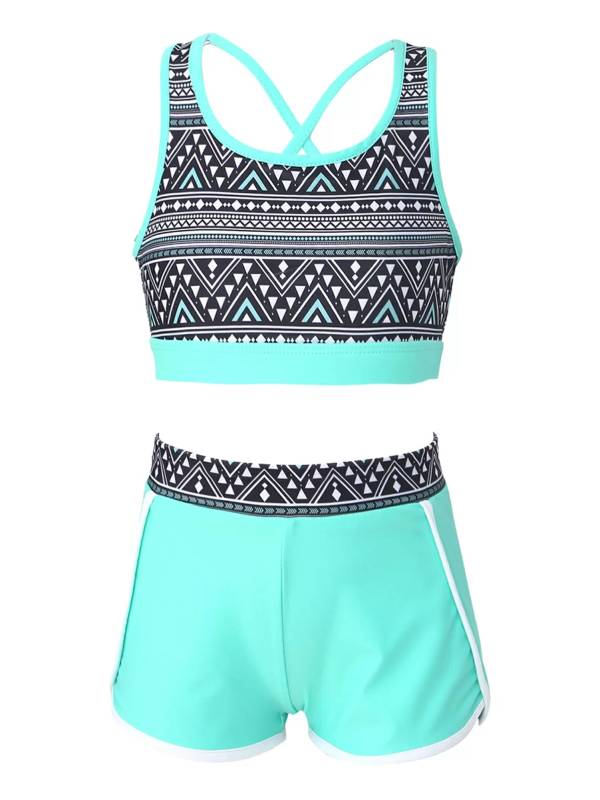 Kids Girls Two Pieces U Neck Crop Top with Boyshorts Swimming Set thumb