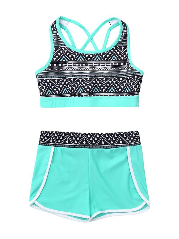 Kids Girls Two Pieces U Neck Crop Top with Boyshorts Swimming Set thumb