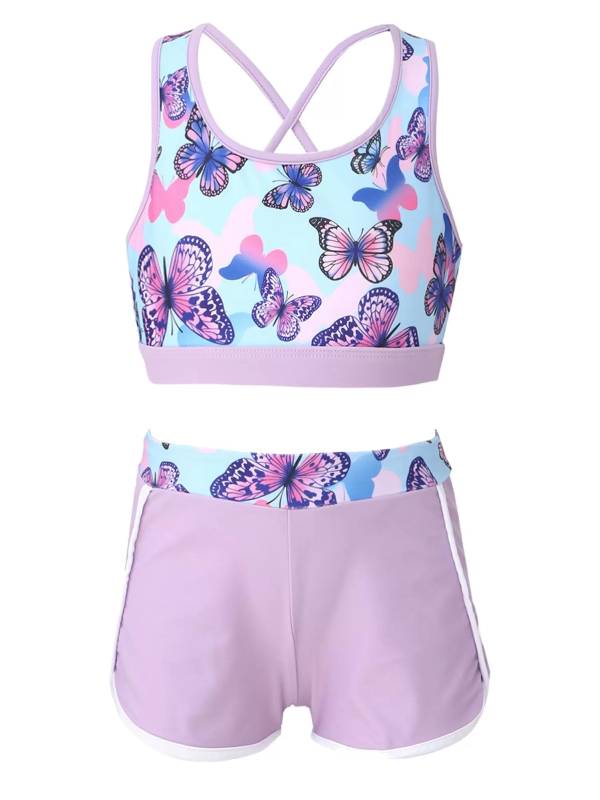 Kids Girls Two Pieces U Neck Crop Top with Boyshorts Swimming Set thumb