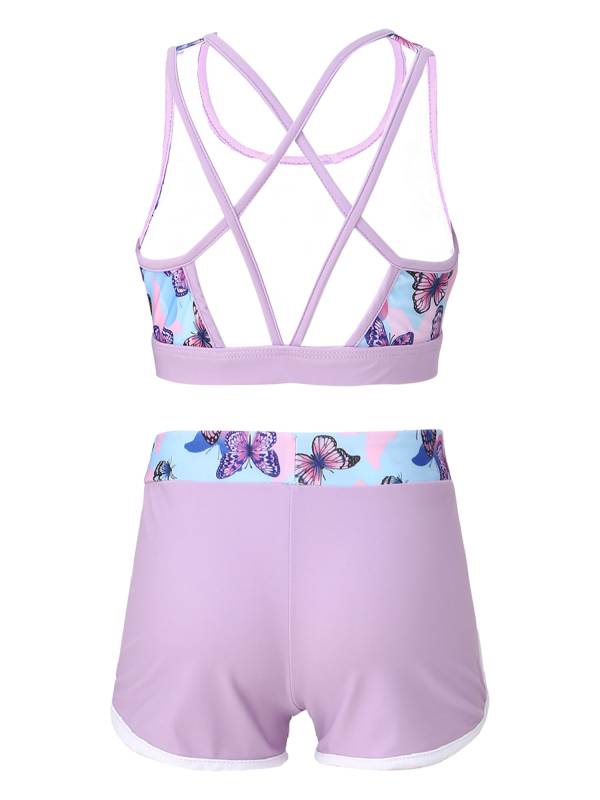 Kids Girls Two Pieces U Neck Crop Top with Boyshorts Swimming Set thumb