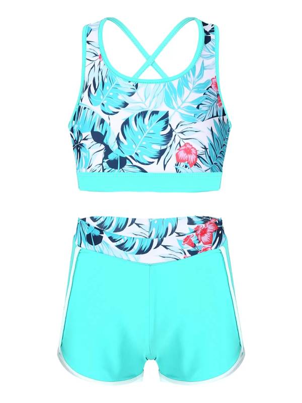 Kids Girls Two Pieces U Neck Crop Top with Boyshorts Swimming Set thumb