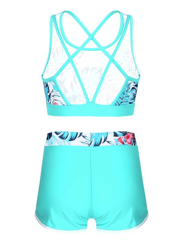 Kids Girls Two Pieces U Neck Crop Top with Boyshorts Swimming Set thumb