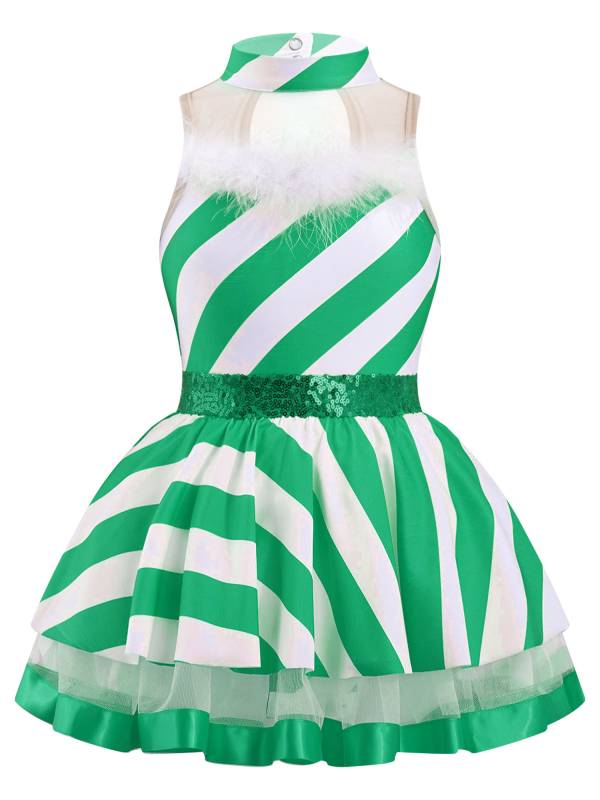 Kids Girls Christmas Sleeveless Sequins Stripes Leotard Dress thumb