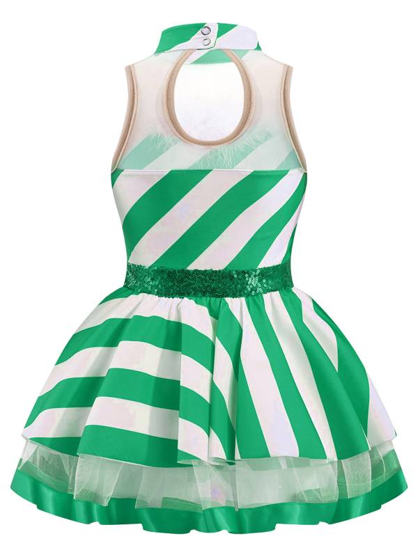 Kids Girls Christmas Sleeveless Sequins Stripes Leotard Dress thumb