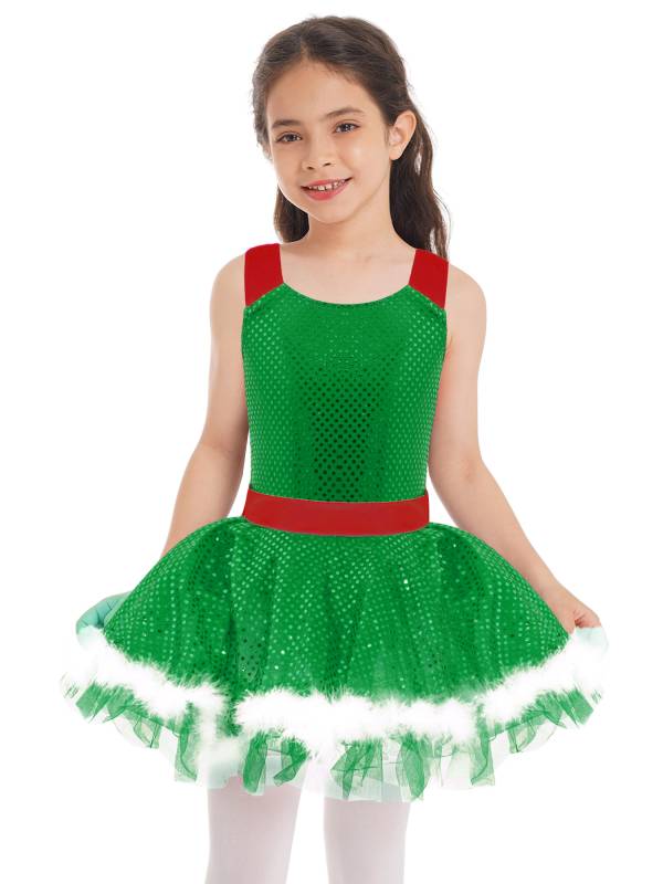Kids Girls Christmas Sleeveless Sequins Faux Fur Adorned Ballet Tutu Dress thumb
