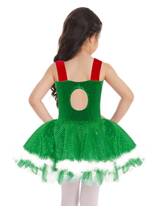 Kids Girls Christmas Sleeveless Sequins Faux Fur Adorned Ballet Tutu Dress thumb