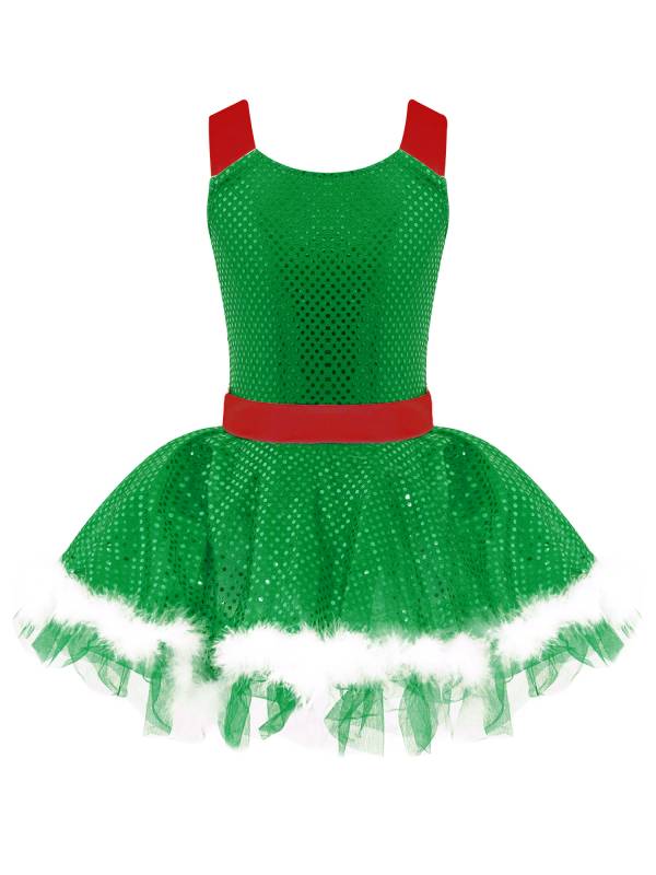 Kids Girls Christmas Sleeveless Sequins Faux Fur Adorned Ballet Tutu Dress thumb