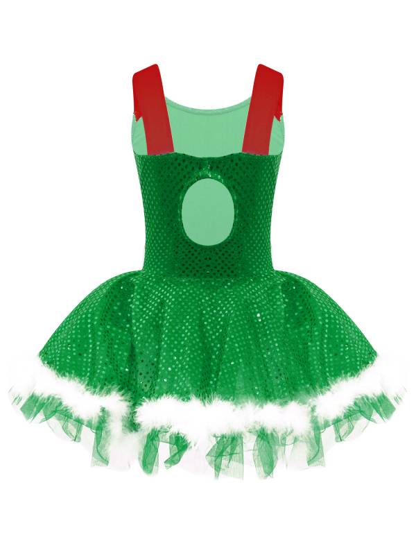 Kids Girls Christmas Sleeveless Sequins Faux Fur Adorned Ballet Tutu Dress thumb