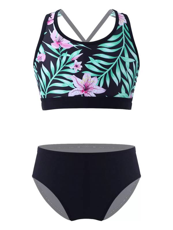 Kids Girls Two Pieces U Neck Strappy Swim Tankini Set thumb