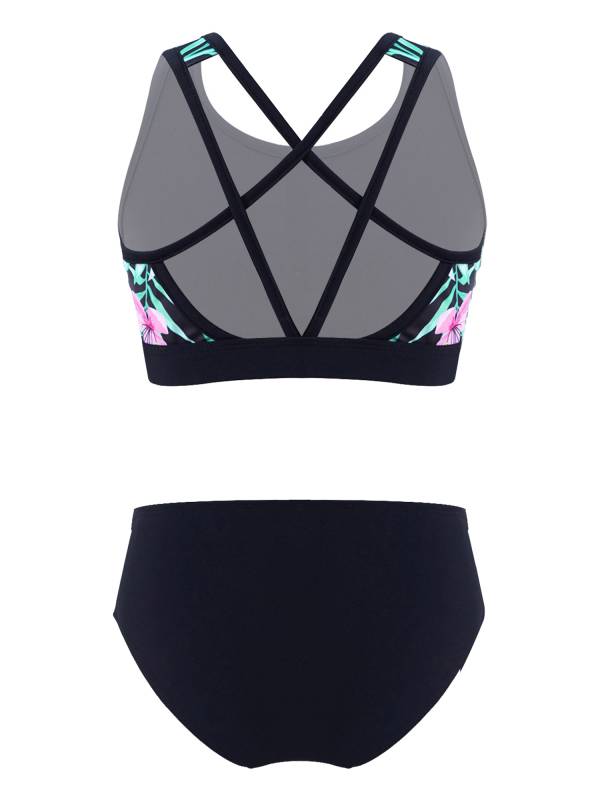 Kids Girls Two Pieces U Neck Strappy Swim Tankini Set thumb