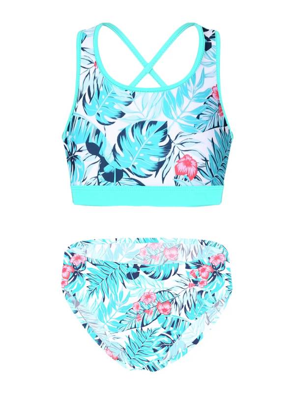 Kids Girls Two Pieces U Neck Strappy Swim Tankini Set thumb