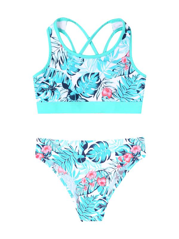 Kids Girls Two Pieces U Neck Strappy Swim Tankini Set thumb