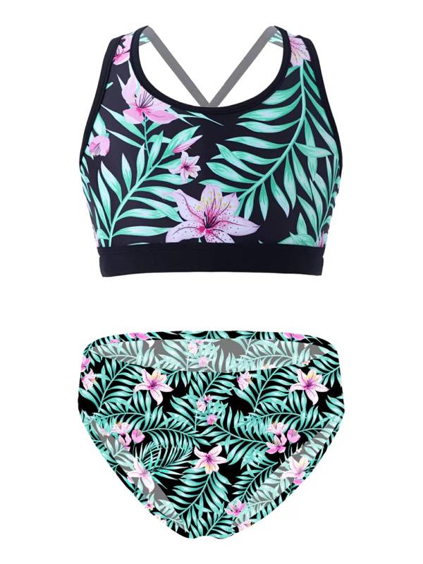 Kids Girls Two Pieces U Neck Strappy Swim Tankini Set thumb