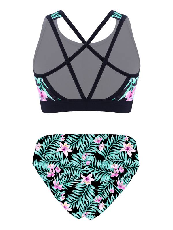 Kids Girls Two Pieces U Neck Strappy Swim Tankini Set thumb