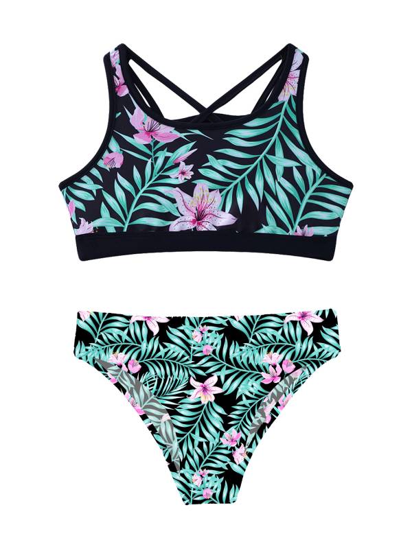 Kids Girls Two Pieces U Neck Strappy Swim Tankini Set thumb