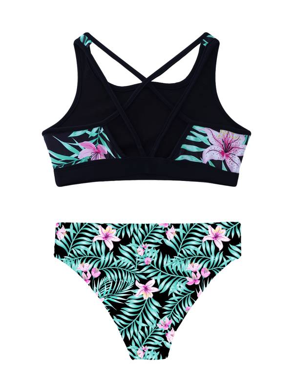Kids Girls Two Pieces U Neck Strappy Swim Tankini Set thumb