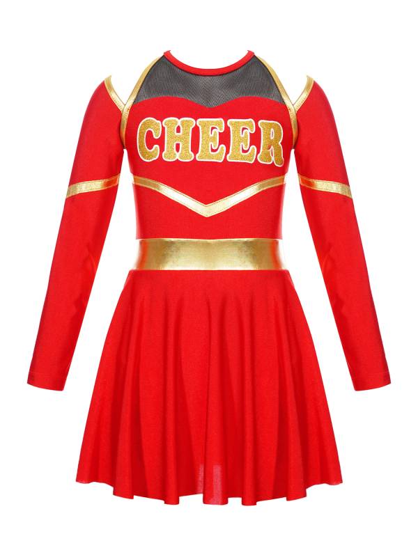 Kids Girls Long Sleeve Letter Print Cold Shoulder Cheerleading Dress thumb
