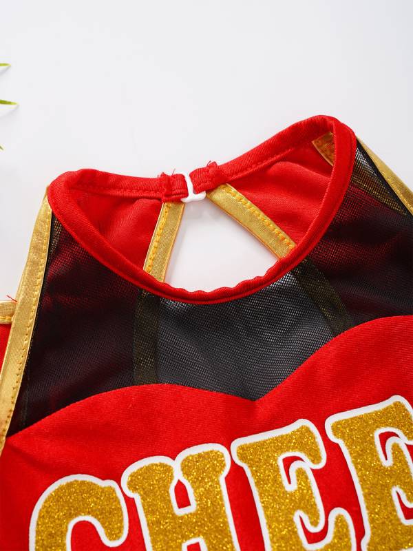 Kids Girls Long Sleeve Letter Print Cold Shoulder Cheerleading Dress thumb