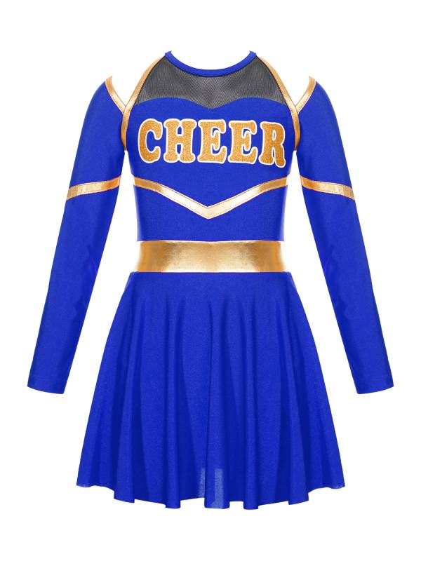 Kids Girls Long Sleeve Letter Print Cold Shoulder Cheerleading Dress thumb