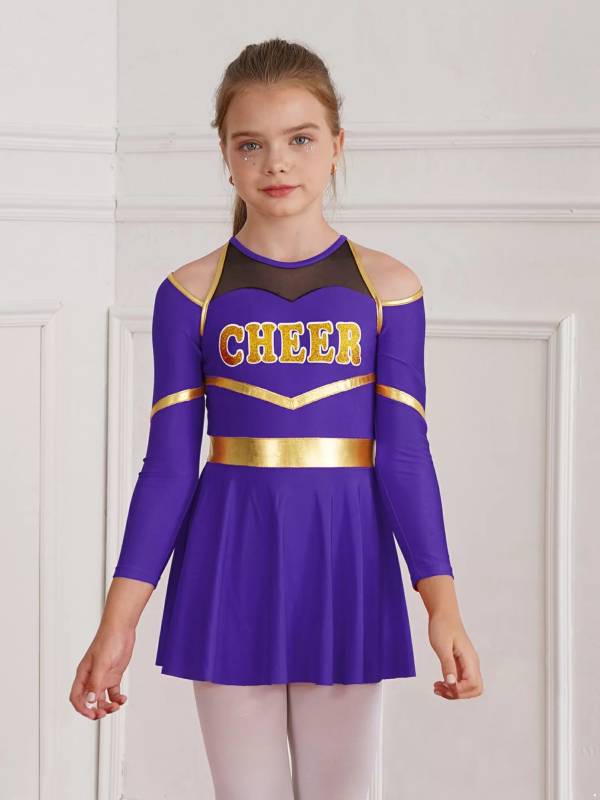 Kids Girls Long Sleeve Letter Print Cold Shoulder Cheerleading Dress thumb